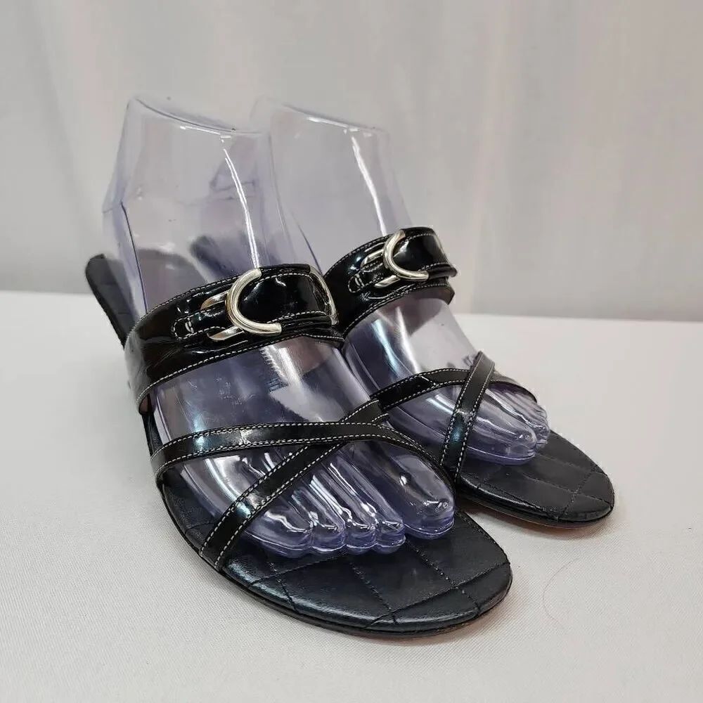 Cole Haan Size 7.5 B Black Leather Wedge Cross Strap Sandal Shoes For Women B